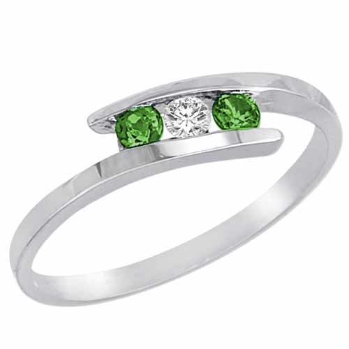 Sterling Silver Round 3 Stone Channel Set Diamond and Emerald Accented Ring (0.25 cttw)