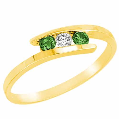 18K Yellow Gold Round 3 Stone Channel Set Diamond and Emerald Accented Ring (0.25 cttw)
