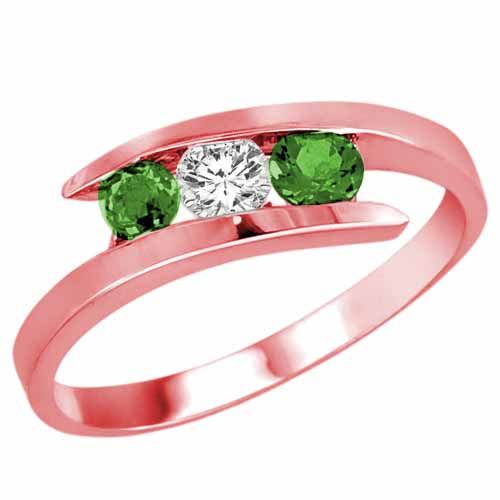 18K Rose Gold Round 3 Stone Channel Set Diamond and Emerald Accented Ring (1/2 cttw)