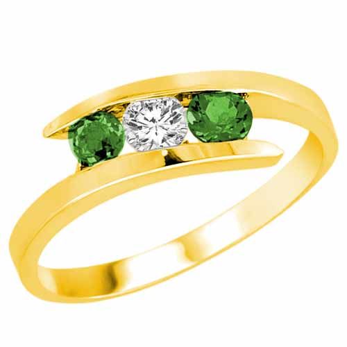 14K Yellow Gold Round 3 Stone Channel Set Diamond and Emerald Accented Ring (1/2 cttw)