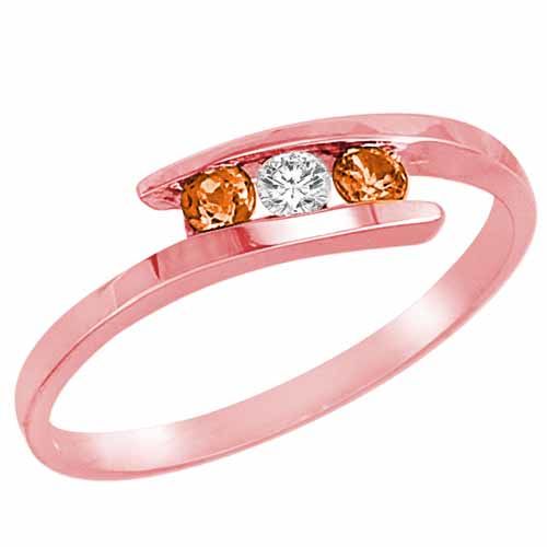 10K Rose Gold Round 3 Stone Channel Set Diamond and Fire Opal Accented Ring (0.25 cttw)
