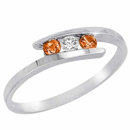 14K White Gold Round 3 Stone Channel Set Diamond and Fire Opal Accented Ring (0.25 cttw)