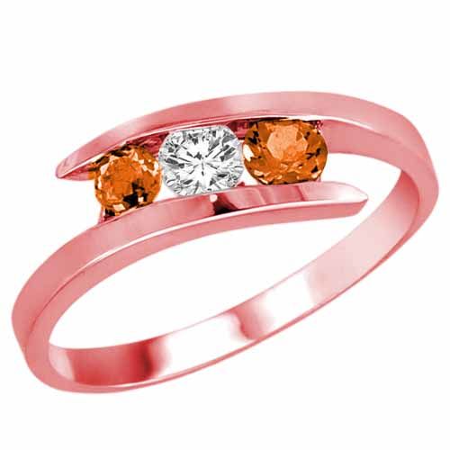 10K Rose Gold Round 3 Stone Channel Set Diamond and Fire Opal Accented Ring (1/2 cttw)