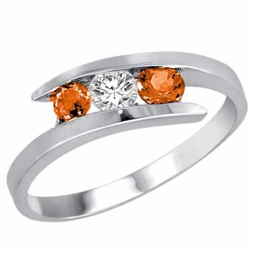 10K White Gold Round 3 Stone Channel Set Diamond and Fire Opal Accented Ring (1/2 cttw)