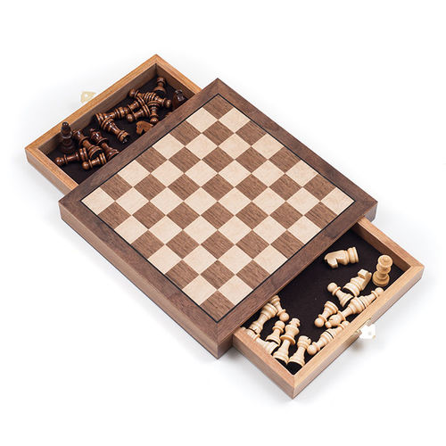 Elegant Inlaid Wood Chess Cabinet w/ Staunton Wood Chessmen