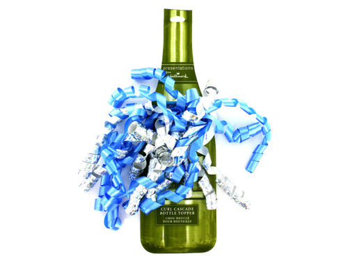 Blue and silver curled ribbon bottle topper