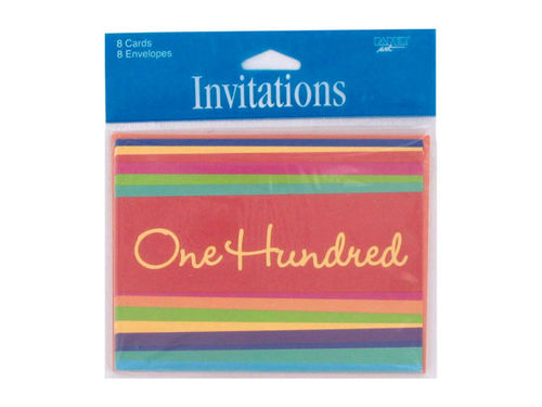 &quot;100 Hundred&quot; striped party invitations, pack of 8