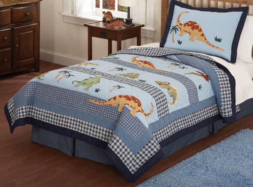 Dino Dave Blue Twin Quilt with Pillow Sham