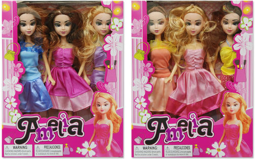 11.5"" 3Pc Amellia Triplets Girls Play Doll Set Case Pack 36