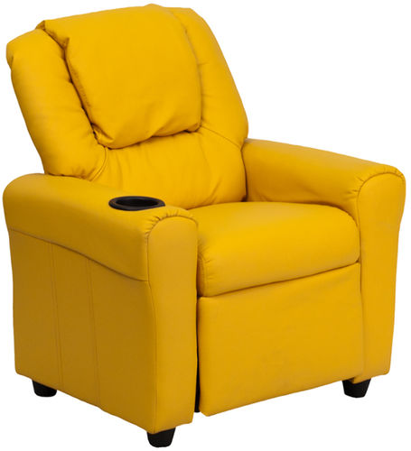 Contemporary Yellow Vinyl Kids Recliner with Cup Holder and Headrest