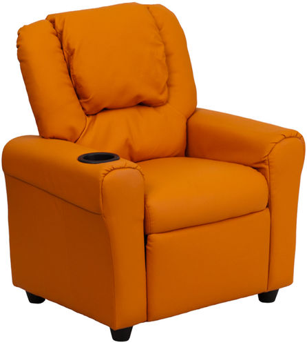 Contemporary Orange Vinyl Kids Recliner with Cup Holder and Headrest