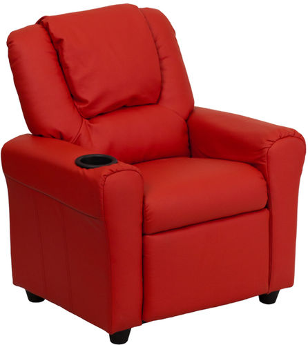 Contemporary Red Vinyl Kids Recliner with Cup Holder and Headrest