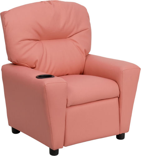 Contemporary Pink Vinyl Kids Recliner with Cup Holder