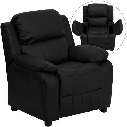 Deluxe Heavily Padded Contemporary Black Leather Kids Recliner with Storage Arms