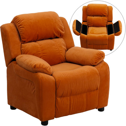 Deluxe Heavily Padded Contemporary Orange Microfiber Kids Recliner with Storage Arms