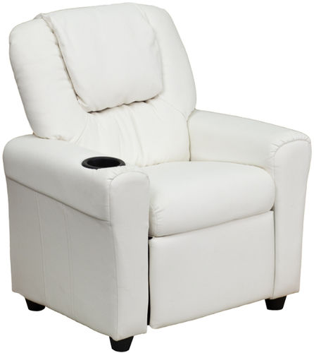 Contemporary White Vinyl Kids Recliner with Cup Holder and Headrest