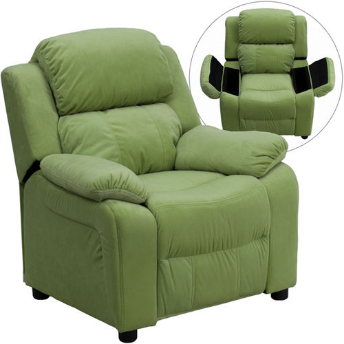 Deluxe Heavily Padded Contemporary Avocado Microfiber Kids Recliner with Storage Arms