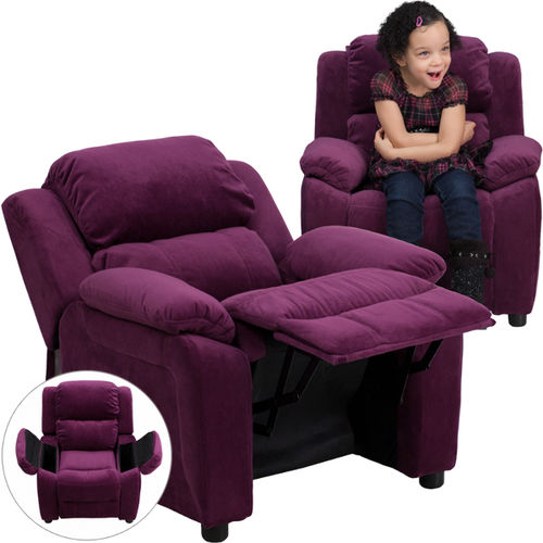 Deluxe Heavily Padded Contemporary Purple Microfiber Kids Recliner with Storage Arms