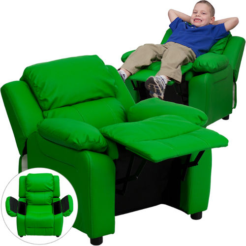 Deluxe Heavily Padded Contemporary Green Vinyl Kids Recliner with Storage Arms