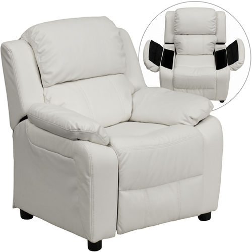 Deluxe Heavily Padded Contemporary White Vinyl Kids Recliner with Storage Arms