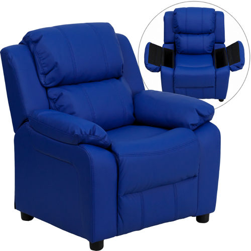 Deluxe Heavily Padded Contemporary Blue Vinyl Kids Recliner with Storage Arms