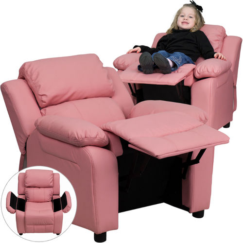 Deluxe Heavily Padded Contemporary Pink Vinyl Kids Recliner with Storage Arms