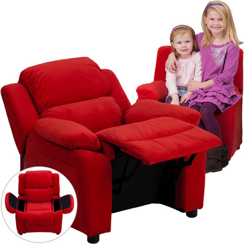 Deluxe Heavily Padded Contemporary Red Microfiber Kids Recliner with Storage Arms