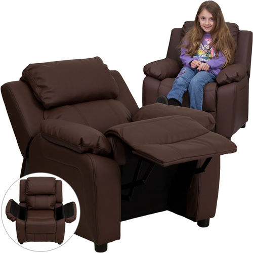Deluxe Heavily Padded Contemporary Brown Leather Kids Recliner with Storage Arms