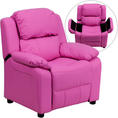 Deluxe Heavily Padded Contemporary Hot Pink Vinyl Kids Recliner with Storage Arms