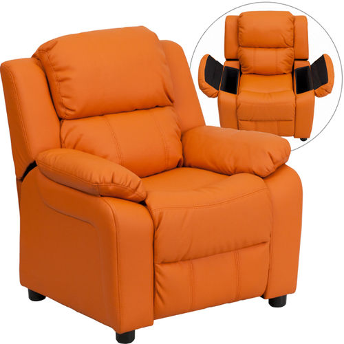 Deluxe Heavily Padded Contemporary Orange Vinyl Kids Recliner with Storage Arms