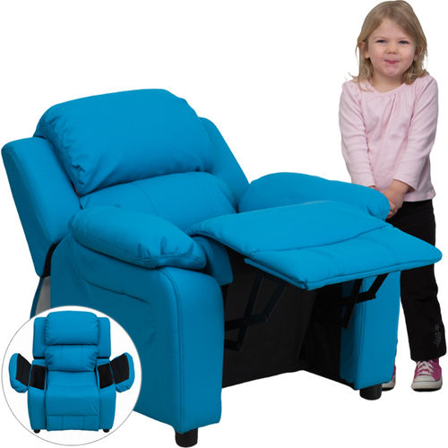Deluxe Heavily Padded Contemporary Turquoise Vinyl Kids Recliner with Storage Arms