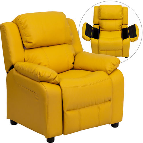 Deluxe Heavily Padded Contemporary Yellow Vinyl Kids Recliner with Storage Arms