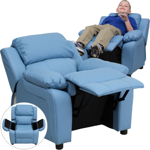 Deluxe Heavily Padded Contemporary Light Blue Vinyl Kids Recliner with Storage Arms