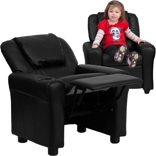 Contemporary Black Vinyl Kids Recliner with Cup Holder and Headrest