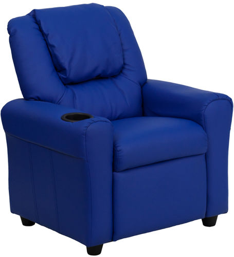 Contemporary Blue Vinyl Kids Recliner with Cup Holder and Headrest