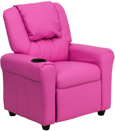 Contemporary Hot Pink Vinyl Kids Recliner with Cup Holder and Headrest