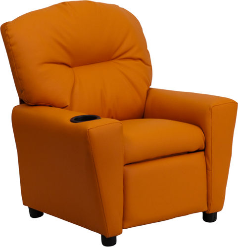 Contemporary Orange Vinyl Kids Recliner with Cup Holder