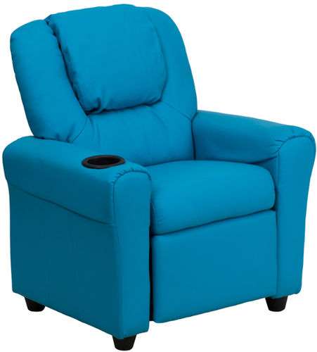 Contemporary Turquoise Vinyl Kids Recliner with Cup Holder and Headrest