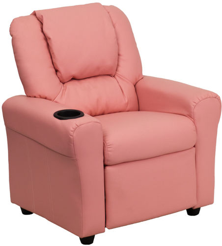 Contemporary Pink Vinyl Kids Recliner with Cup Holder and Headrest