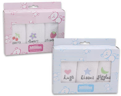 3 Pc 9"" Embroidered Baby Bath Washcloths Soft Feel Case Pack 48