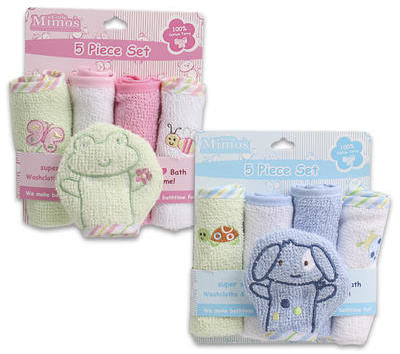 5 Pc Pink & Blue Baby Washcloths Soft Cotton Case Pack 48