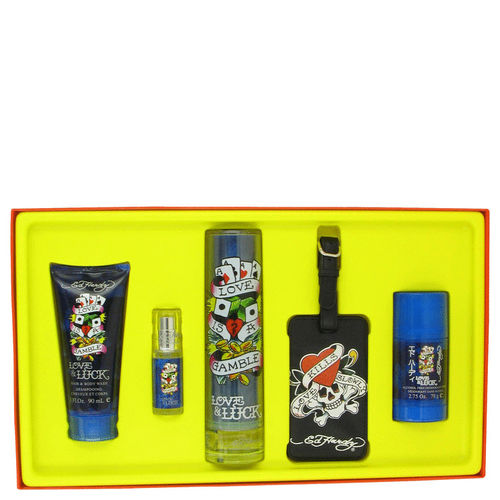 Love & Luck by Christian Audigier - Gift Set -- 3.4 oz Eau De Toilette Spray + 3 oz Hair & Body Wash + 2.75 oz Deodorant Stick + .25 oz Mini EDT Spray