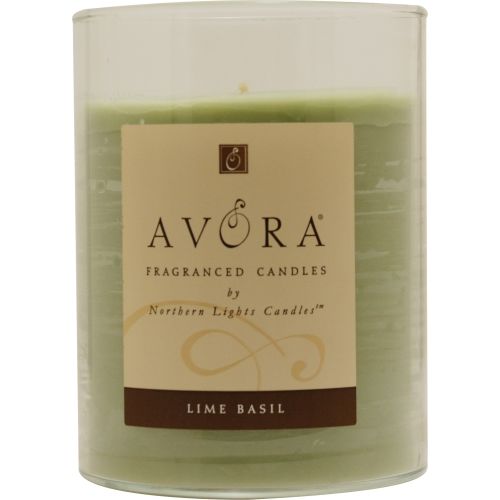LIME BASIL SCENTED by Lime Basil Scented ONE 3x4.5 inch GLASS PILLAR SCENTED CANDLE.  A RICH BUTTERY BLEND OF CINNAMON, MAPLE AND SWEET VANILLA.   BUR