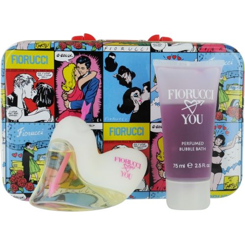 FIORUCCI LOVES YOU by Fiorucci ONE KISS EDT SPRAY 1 OZ & BUBBLE BATH 2.5 OZ & METAL LUNCH BOX