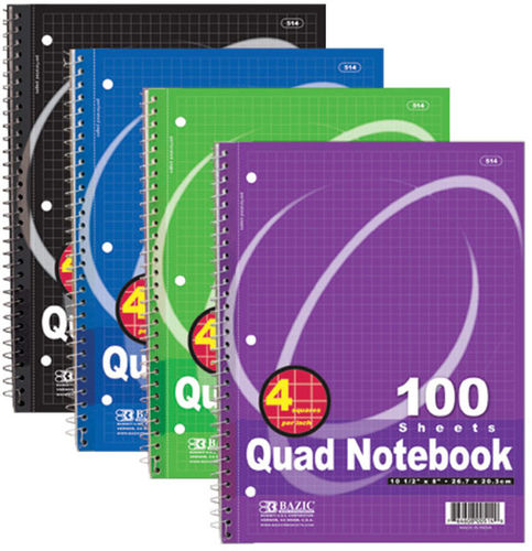 BAZIC 100 Count Quad-Ruled 4-1"" Spiral Notebook Case Pack 24