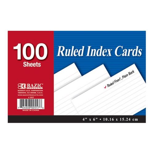 BAZIC 100 Ct. 4"" X 6"" Ruled White Index Card Case Pack 24