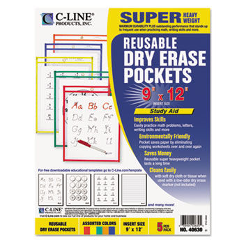 Reusable Dry Erase Pockets, 9 x 12, Assorted Primary Colors, 5/Pack