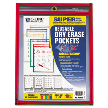 Reusable Dry Erase Pockets, 9 x 12, Assorted Primary Colors, 10/Pack