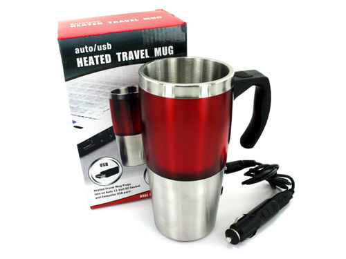 Heated travel mug with auto/USB hubs