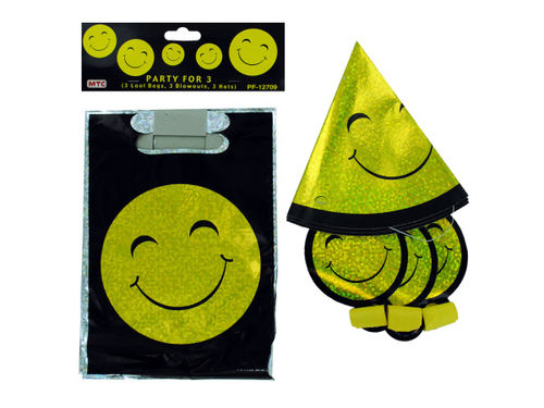 smiley face party set (3 loot bags, 3 blowouts, 3 hats)